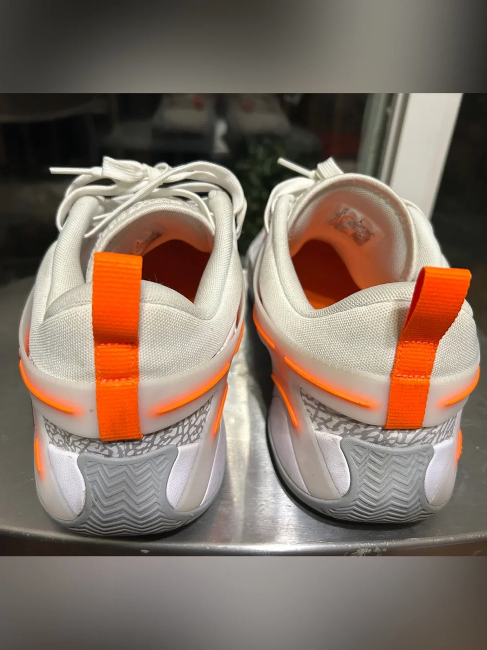 Sz 13 men Jordan Heirs White, Grey, and Laser Orange/Black accents.